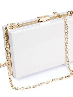 White Acrylic Box Clutch with Gold Chain